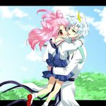  bishoujo_senshi_sailor_moon blue_hair chibi_usa double_bun dress helios_(sailor_moon) horns hug kairi_(oro-n) lift long_hair pink_hair red_eyes sailor_dress tears twintails yellow_eyes 