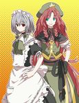  alternate_costume apron braid capelet choker green_eyes halftone halftone_background hand_on_hip hat hong_meiling izayoi_sakuya kintaro long_hair maid maid_headdress multiple_girls red_eyes red_hair silver_hair smile touhou twin_braids very_long_hair 