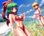  :o aki_minoriko bad_anatomy ball beach beachball bikini blonde_hair bow day dutch_angle food front_ponytail green_hair hair_bow hair_ribbon kagiyama_hina looking_at_viewer multiple_girls popsicle ribbon short_hair swimsuit touhou umigarasu_(kitsune1963) wading 