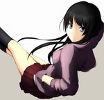  akiyama_mio bad_id bad_pixiv_id black_hair blue_eyes breasts erise hand_in_pocket highres hood hoodie k-on! kneehighs long_hair looking_back medium_breasts no_thank_you! pleated_skirt school_uniform skirt socks solo 