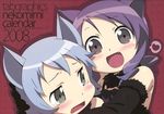  2girls animal_ears bare_shoulders blue_hair blush brown_eyes cat_ears child fang green_eyes heart hug kanzaki_hiro multiple_girls open_mouth original purple_hair short_hair tabgraphics tareme tears 