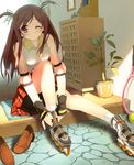  absurdres armband ball bangs bare_shoulders bike_shorts blush breasts brown_footwear brown_hair collared_shirt doormat dutch_angle error eyebrows_visible_through_hair fingerless_gloves gloves hair_ribbon highres indoors inline_skates kantoku kurumi_(kantoku) legs light_smile loafers long_hair looking_at_viewer miniskirt one_eye_closed original parted_bangs picture_(object) picture_frame pink_eyes plaid plaid_skirt plant pleated_skirt potted_plant racket ribbon roller_skates scan shirt shoes shoes_removed shorts shorts_under_skirt sidelocks sitting skates skirt sleeveless sleeveless_shirt small_breasts smile socks solo striped striped_shirt taut_clothes taut_shirt tennis_ball tennis_racket two_side_up upskirt 