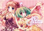  blonde_hair blue_eyes blush breasts cleavage dress flower green_hair highres inugahora_an long_hair macross macross_frontier microphone multiple_girls ranka_lee red_eyes ribbon sheryl_nome short_hair small_breasts smile 