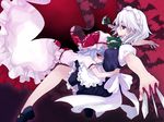  bat_wings between_fingers blue_hair braid hat hug izayoi_sakuya knife koto_(colorcube) maid maid_headdress mary_janes multiple_girls no_socks outstretched_arms red_eyes remilia_scarlet shoes silver_hair smirk spread_arms touhou twin_braids wings 