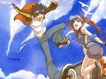  1boy 1girl air_gear air_trecks ass backview bird black_hair blue_eyes breasts brown_eyes brown_hair building cloud clouds couple denim elbow_pads elbowpads english fingerless_gloves glasses gloves highres inline_skates jacket jump jumping long_hair looking_at_viewer looking_back midriff minami_itsuki noyamano_ringo oh!_great oogure_ito open_mouth outdoors pants roller_skates shirt short_hair short_pants skates sky smile spiked_hair standing tongue twintails visor_cap wallpaper wristband 