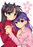  467_(artist) absurdres bad_id bad_pixiv_id black_hair blush brown_hair fate/stay_night fate_(series) green_eyes hair_ribbon highres holding_hands matou_sakura multiple_girls purple_eyes purple_hair ribbon siblings sisters toosaka_rin two_side_up 