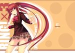  beige_background bow bowtie brown_skirt contrapposto kitagawa_unagi little_busters! long_hair long_sleeves looking_at_viewer natsume_rin pink_bow red_bow red_eyes red_neckwear school_uniform simple_background skirt solo standing very_long_hair 