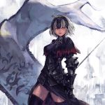  bangs banner black_dress black_legwear breasts building chain commentary_request dress fate/grand_order fate_(series) flag gauntlets headpiece holding holding_flag jeanne_d'arc_(alter)_(fate) jeanne_d'arc_(fate)_(all) kazama_raita open_mouth short_hair silver_hair solo standing sword tsurime weapon white_background yellow_eyes 