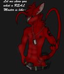  2_tails belt belt_buckle black_eyes clothing damien_guarinot demon demonic_fox_dragon dog_tags gender:male grin invalid_tag looking_at_viewer multi_tail pants penis scales shaft_base smile smirk waist_up waiting 
