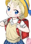  1girl backpack bag blonde_hair blue_eyes chrono_cross commentary_request hat looking_at_viewer marcy_(chrono_cross) s-a-murai school_uniform short_hair skirt smile solo 