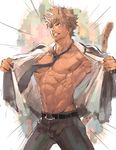  abs animal_ears belt blonde_hair blue_eyes clenched_teeth emphasis_lines male_focus muscle navel nikism nipples open_clothes open_shirt rom_(show_by_rock!!) shirt show_by_rock!! solo spiked_hair sweat tail tan teeth 