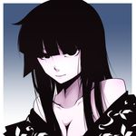  bangs bare_shoulders black_eyes black_hair blue_background blunt_bangs breasts cleavage closed_mouth collarbone gradient gradient_background houraisan_kaguya japanese_clothes kikoka_(mizuumi) kimono long_hair looking_at_viewer medium_breasts off_shoulder portrait smile solo touhou white_skin 