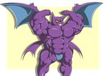  2014 5_fingers abs anthro anthrofied biceps big_muscles blue_clothing border clothed clothing colored crobat digital_drawing_(artwork) digital_media_(artwork) flexing grin huge_muscles humanoid_hands light male manly manlyster membranous_wings multicolored_skin muscular muscular_male navel nintendo no_sclera noseless obliques pecs pinup pok&eacute;mon pok&eacute;morph portrait pose purple_skin quads serratus shaded shiny_body simple_background smile solo standing teeth three-quarter_portrait toony topless two_tone_skin video_games wings yellow_background yellow_eyes 