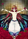  abs amaguri1207 artist_name barefoot blood butterfly_wings crown flower gloxinia green_eyes highres leaf long_hair male_focus nanatsu_no_taizai pointy_ears red_hair rose shirtless solo tattoo thorns very_long_hair wings 
