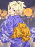  back blonde_hair blue_eyes commentary_request eyeliner japanese_clothes kimono looking_at_viewer looking_back makeup mercy_(overwatch) overwatch ponytail smile solo summer_festival taka-michi yukata 