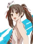  2016 4suke :d alternate_skin_color artist_name bangs bare_shoulders blush brown_eyes brown_hair dated flat_chest hair_between_eyes hair_ribbon hat kantai_collection libeccio_(kantai_collection) long_hair mini_hat open_mouth ribbon simple_background smile solo teeth twintails upper_body very_long_hair white_background 