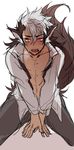  animal_ears blush breath fire_emblem fire_emblem_if flannel_(fire_emblem_if) highres long_hair looking_at_viewer male_focus multicolored_hair navel open_clothes open_shirt red_eyes scar shirt solo sweat syaruu tail tongue tongue_out two-tone_hair wolf_ears wolf_tail 