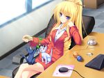  1girl animal ball bare_legs blazer blonde_hair blue_eyes blush business_suit cat chair computer_mouse drill_hair feathers female formal hair_ornament highres koshimizu_rei laptop legs legs_crossed long_hair looking_at_viewer mikagami_mamizu miniskirt mousepad necklace neko_koi! office_lady pencil_skirt plate ponytail sitting skirt skirt_suit smile suit sunlight table tea teacup teaspoon tied_hair whirlpool window 