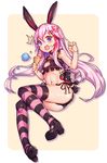  &gt;_&lt; 1girl animal_ears aura_kingdom bell bell_choker black_bra black_panties blue_eyes bra bunny_ears cat_lingerie cesela choker cleavage_cutout closed_eyes flat_chest hair_between_eyes hair_ornament hairclip ice_cream_cone jingle_bell long_hair meme_attire open_mouth panties pink_hair shennai_misha side-tie_panties solo striped striped_legwear thighhighs underwear underwear_only very_long_hair 