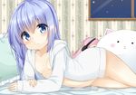  areola_slip areolae bed blue_eyes blue_hair blush breasts cacao_(chocolat) gochuumon_wa_usagi_desu_ka? highres hood hoodie kafuu_chino long_hair loungewear naked_hoodie no_panties open_clothes pillow small_breasts solo stuffed_animal stuffed_toy tippy_(gochiusa) window 