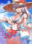  animal_ears braid breasts cat_ears cleavage covered_navel dakunesu ears_through_headwear erune flower granblue_fantasy hair_between_eyes hair_intakes hair_tubes hat hat_flower heles hibiscus highres large_breasts long_hair looking_at_viewer one-piece_swimsuit open_mouth sideboob silver_hair single_braid skirt skirt_basket skirt_lift solo straw_hat sun_hat swimsuit thighs tsurime very_long_hair yellow_eyes 