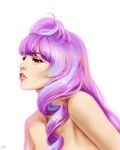  bangs from_side highres lips long_hair macross macross_delta mikumo_guynemer nude portrait purple_hair realistic red_eyes signature simple_background solo tenka upper_body 