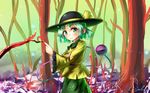  blouse floral_print forest frilled_sleeves frills green_eyes green_hair hand_on_own_arm hat hat_ribbon head_tilt index_finger_raised komeiji_koishi light_particles looking_at_viewer nature ribbon rose_print short_hair signature skirt smile solo third_eye touhou welt_(kinsei_koutenkyoku) wide_sleeves 