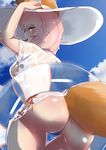  absurdres adjusting_clothes adjusting_hat animal_ears ass bad_anatomy bad_perspective bent_over blue_panties blush cowboy_shot fate/extra fate/grand_order fate_(series) fox_ears fox_girl fox_tail hat highres innertube looking_at_viewer looking_back panties pink_hair see-through senbon_tsuki shiny shiny_skin shirt short_hair short_sleeves side-tie_panties solo tail tamamo_(fate)_(all) tamamo_no_mae_(fate) thigh_gap tongue tongue_out underwear wet wet_clothes wet_shirt white_hat white_shirt yellow_eyes 