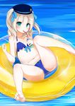  absurdres afloat bare_legs barefoot bikini blue_bikini blue_eyes blush bow collarbone drinking_straw hair_bow hair_ribbon highres innertube looking_at_viewer lying md5_mismatch navel original partially_submerged ribbon silver_hair solo swimsuit tsumiki_akeno two_side_up wet 