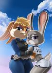  2016 anthro blonde_hair blue_eyes buckteeth clothed clothing cloud crossover disney duo eyelashes eyeshadow female fur grey_fur hair half-closed_eyes hi_res judy_hopps lagomorph lola_bunny looking_at_viewer looking_back looney_tunes makeup mammal mr-shin open_mouth police_uniform purple_eyes rabbit sky teeth uniform warner_brothers zootopia 