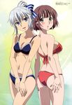  absurdres ass bikini blue_eyes bluesy_fluesy bow breasts brown_hair cleavage green_eyes hair_bow hasegawa_shin'ya highres ichinose_touko large_breasts looking_back megami multiple_girls navel non-web_source official_art short_hair silver_hair small_breasts swimsuit taboo_tattoo 