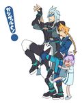  1girl 2boys asimov_(gunvolt) azure_striker_gunvolt blonde_hair blue_dress blue_hair boots braid child duodynamo fingerless_gloves gloves gunvolt joule_(gunvolt) long_hair multiple_boys purple_eyes purple_hair short_hair simple_background sunglasses uniform visor yotsubato! yotsubato!_pose zipper 