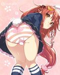  :3 alternate_eye_color animal_print ass blush bunny_hair_ornament bunny_print crescent crescent_hair_ornament hair_ornament hair_ribbon kantai_collection kneehighs leaning_forward long_hair looking_at_viewer looking_back low-tied_long_hair orange_eyes panties pink_hair pink_panties ribbon school_uniform serafuku solo striped striped_panties torimaru translation_request twitter_username underwear uzuki_(kantai_collection) very_long_hair |_| 