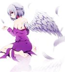 angel_wings back bad_id bad_twitter_id bare_shoulders barefoot bloom braid closed_mouth commentary dress feathered_wings feathers from_side full_body grey_hair jpeg_artifacts kishin_sagume long_sleeves looking_at_viewer no_jacket off_shoulder pink_eyes profile purple_dress short_hair single_wing sitting solo touhou wariza white_background white_wings wings you_(noanoamoemoe) 
