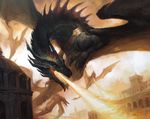  building city cityscape dragon feral fire fire_breathing flying group harness long_neck lucas_graciano macro magic_the_gathering official_art open_mouth scalie solo_focus spines spread_wings wings 