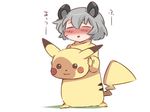  :3 =_= animal_ears blush closed_eyes commentary cosplay full-face_blush gen_1_pokemon grey_hair hammer_(sunset_beach) hot mouse_ears nazrin open_mouth pikachu pikachu_(cosplay) pokemon short_hair solo touhou translated 
