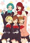  :d :o ^_^ ^o^ aegis_(persona) ai-wa bangs black_skirt blonde_hair blue_eyes blush bow bowtie brown_eyes brown_hair buttons choker closed_eyes collarbone collared_shirt cover cover_page cross_hair_ornament crossed_legs doujin_cover drill_hair emblem female_protagonist_(persona_3) floral_background gekkoukan_high_school_uniform girl_sandwich gloves green_eyes green_hair green_scarf hair_ornament hairband hairpin head_tilt headphones headphones_around_neck heart holding_hands kirijou_mitsuru looking_to_the_side mechanical_arm multiple_girls open_mouth persona persona_3 persona_3_portable ponytail red_bow red_eyes red_hair red_neckwear round_teeth sandwiched scarf school_uniform serafuku shirt short_hair skirt smile swept_bangs takeba_yukari tareme teeth thighhighs white_gloves white_shirt wing_collar x_hair_ornament yamagishi_fuuka 