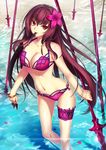  beach bikini breasts cleavage fate/grand_order fate_(series) flower gae_bolg hair_flower hair_ornament hibiscus highres kunai large_breasts long_hair looking_at_viewer mouth_hold navel polearm purple_hair red_eyes scathach_(fate)_(all) scathach_(swimsuit_assassin)_(fate) solo spear swimsuit very_long_hair wading weapon yoshida_takuma 