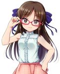  adjusting_eyewear bespectacled blush bow brown_eyes brown_hair glasses hair_bow highres idolmaster idolmaster_cinderella_girls long_hair rariemonn red-framed_eyewear shirt simple_background sleeveless sleeveless_shirt smile solo tachibana_arisu 