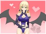  1girl artist_request bare_shoulders bat_wings blonde_hair blush breasts cameltoe cleavage cleavage_cutout cowboy_shot demon_girl detached_collar elbow_gloves eyebrows eyebrows_visible_through_hair fingerless_gloves green_eyes highres large_breasts legs long_hair looking_at_viewer lotte_no_omocha! mercelida_ygvar milf mound_of_venus navel simple_background smile solo standing succubus thighs upper_body wings 