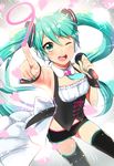  ;d detached_collar finger_writing green_eyes green_hair hatsune_miku kikuchi_mataha long_hair number one_eye_closed open_mouth smile solo thighhighs twintails underbust very_long_hair vocaloid 