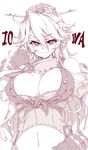  alabaster_(artist) bare_shoulders breasts buttons character_name cleavage elbow_gloves eyebrows eyebrows_visible_through_hair fingerless_gloves front-tie_top gloves hair_between_eyes halftone iowa_(kantai_collection) kantai_collection large_breasts long_hair looking_at_viewer monochrome navel smile solo star star-shaped_pupils symbol-shaped_pupils upper_body 