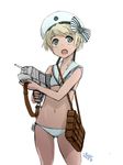  2016 4suke :o aqua_eyes artist_name bikini blonde_hair bow breasts clothes_writing cowboy_shot dated hat hat_bow holding kantai_collection navel open_mouth sailor_bikini sailor_collar sailor_hat short_hair simple_background small_breasts smiley_face solo strap striped striped_bow swimsuit turret white_background white_bikini white_hat z1_leberecht_maass_(kantai_collection) 