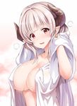  alicia_(granblue_fantasy) blush breasts collarbone covered_nipples draph earrings granblue_fantasy highres horns jewelry katoo_hironobu large_breasts long_hair looking_at_viewer open_clothes open_mouth pointy_ears red_eyes shirt silver_hair simple_background smile solo towel white_background white_shirt 