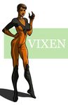  1girl bodysuit brown_eyes brown_hair character_name choker dark_skin dc_comics full_body gloves hand_on_hip mari_jiwe_mccabe pixie_cut short_hair solo standing vixen_(dc) 