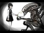  alien alien_(movie) dated flower giving h.r._giger monochrome nullhachi sitting xenomorph 