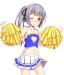  aikawa_ryou blush cheerleader cleavage_cutout collarbone commentary flat_chest grey_hair heart_cutout kantai_collection kasumi_(kantai_collection) looking_at_viewer navel one_eye_closed open_mouth pleated_skirt pom_poms remodel_(kantai_collection) side_ponytail skirt solo white_background 