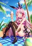  ;d animal_ears armband aura_kingdom beach black_legwear blue_eyes blurry blush bra bracelet breasts bunny_ears cat_lingerie cesela cleavage_cutout day depth_of_field detached_collar hair_between_eyes high_heels highres ice_cream_cone jewelry knees_together_feet_apart meme_attire one_eye_closed open_mouth outdoors panties picnic_basket pink_bra pink_hair shennai_misha shiny shiny_skin side-tie_panties sitting small_breasts smile solo thighhighs underwear underwear_only wavy_eyes 