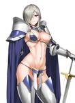  armor bikini_armor blue_eyes breasts cape cleavage contrapposto drill_hair gauntlets greaves hair_over_one_eye highres hiiragi_yuuichi large_breasts looking_at_viewer navel original pauldrons silver_hair simple_background smile solo standing sword thighhighs twin_drills weapon white_background 