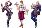  akira_atsushi apron bag blonde_hair blue_eyes bookbag chef chef_uniform ear_piercing facial_hair fungami_yuuya gakuran grey_eyes hazekura_mikitaka highres ice_cream_cone jojo_no_kimyou_na_bouken long_hair male_focus mirror multicolored_hair multiple_boys muscle no_hat no_headwear nose_piercing piercing plate pointy_ears purple_hair school_uniform smile star tonio_trussardi two-tone_hair waist_apron white_hair 